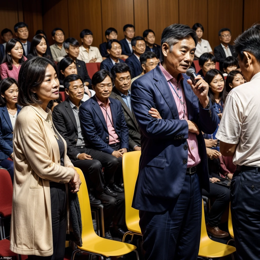 Scenes：City hall figures：A middle-aged Taiwanese man with his back to the camera：Middle-aged appearance：Taiwanese characteristic clothing：Fashionable and youthful clothing attitude：Speech Emotions from the Chair：confident audience：There are many Taiwanese people in the audience at the General Assembly Hall.