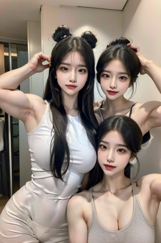 four girls in school uniforms taking a photo in front of a mirror, detailed muscular physique, strong shoulders, strong build, expressionless eyes, grey hair, long grey hair, white hair, strapless black clothing, (flat-chested:1.2), angry expression, looking at viewer, portrait, smirk, cruel korean goth girl, korean girl, flowing grey hair, wind-blown effect, bangs covering eyes, flowing hair, displaying arms