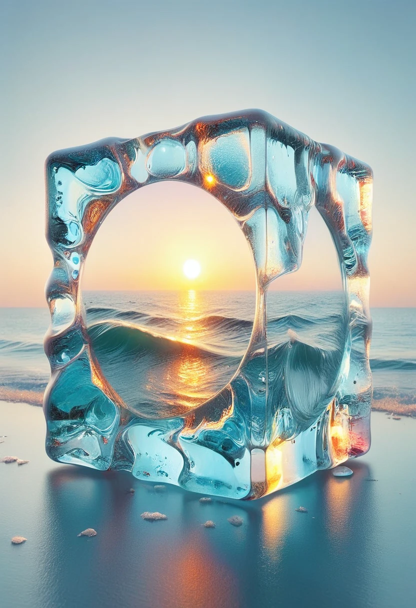 An oil painting：(((sunrise，Ocean，horizon，peaceful)))，Ice cubes里的红色玫瑰，Ice cubes，Frozen Rose，Refracted Light