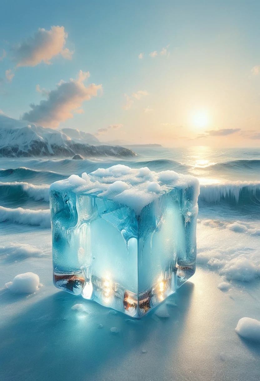An oil painting:(((sunrise,Ocean,horizon,peaceful))),Ice cubes里的红色玫瑰,Ice cubes,Frozen Rose,Refracted Light