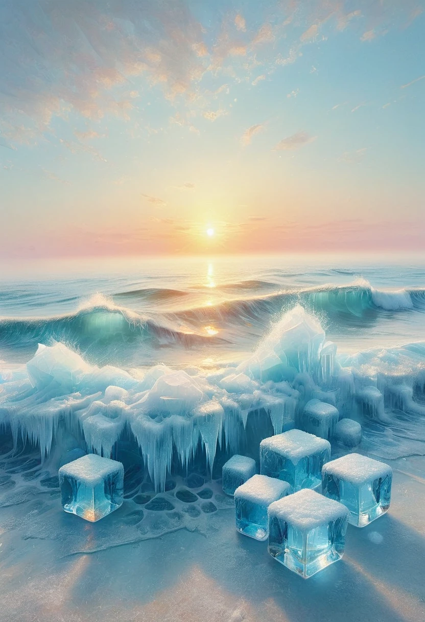 An oil painting:(((sunrise,Ocean,horizon,peaceful))),Ice cubes里的红色玫瑰,Ice cubes,Frozen Rose,Refracted Light
