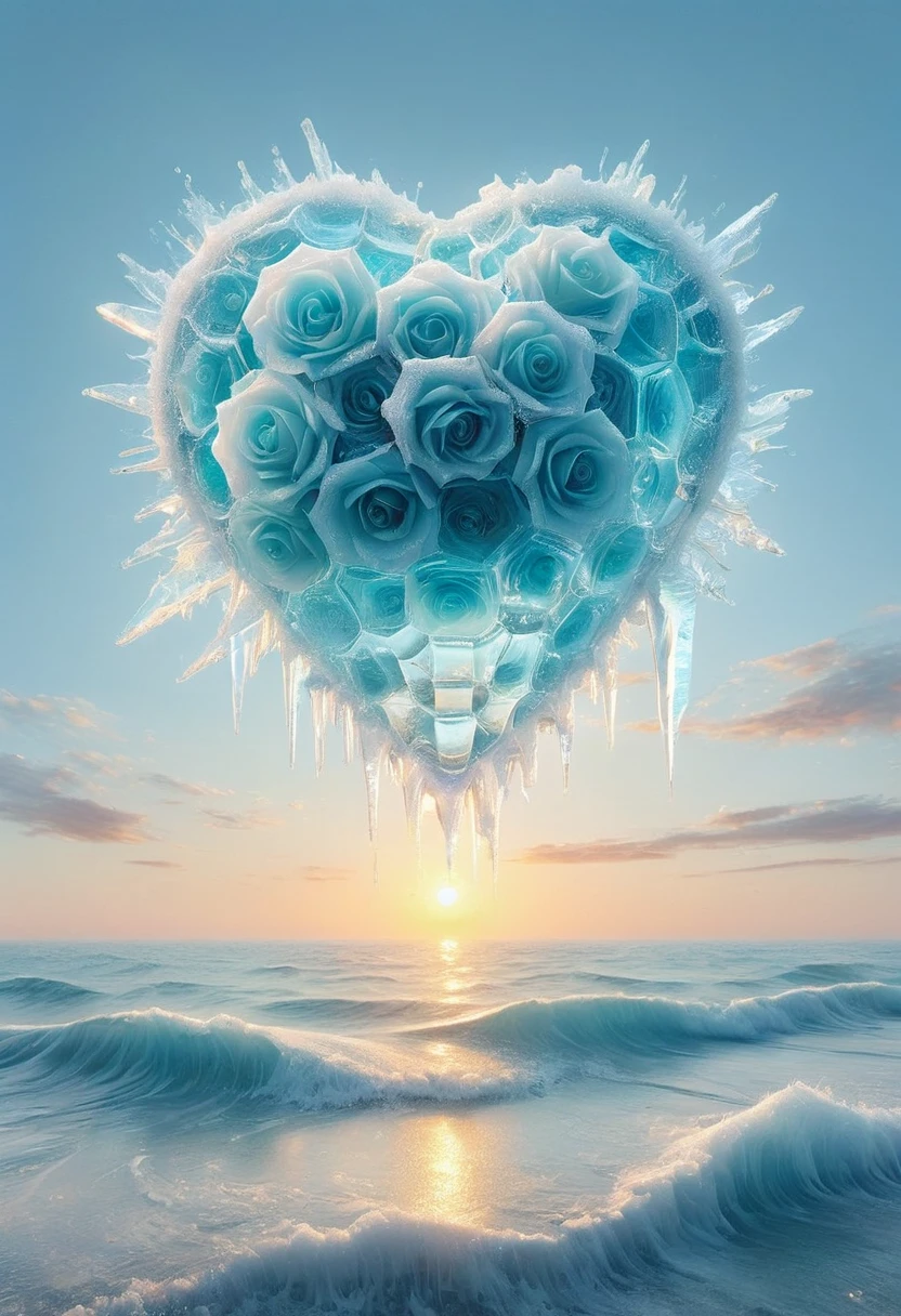 An oil painting：(((sunrise，Ocean，horizon，peaceful)))，Ice cubes里的红色玫瑰，Ice cubes，Frozen Rose，Refracted Light