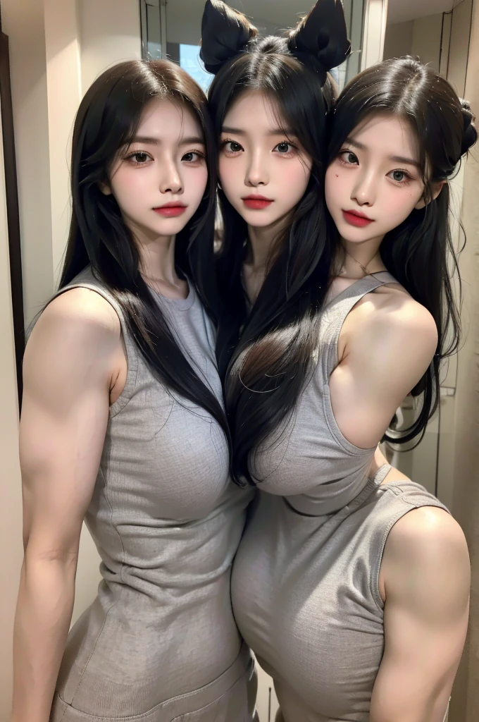 Four girls in school uniforms pose for a photo in front of a mirror，jitome，Tentacle hair，Strong muscles，Strong shoulders，Strong body，Expressionless eyes，，Bow your head，Gray hair.Gray long hair，White hair，There are no shoulder straps，Black clothes，（Flat chest 1.2），Angry expression，,Look at the audience，avatar，portrait，Smirk,cruel korean goth girl, korean girl, Gray long hair飘逸，The feeling of the wind blowing，avatar，portrait，，Bangs covering eyes，Flowing hair，Show your arms