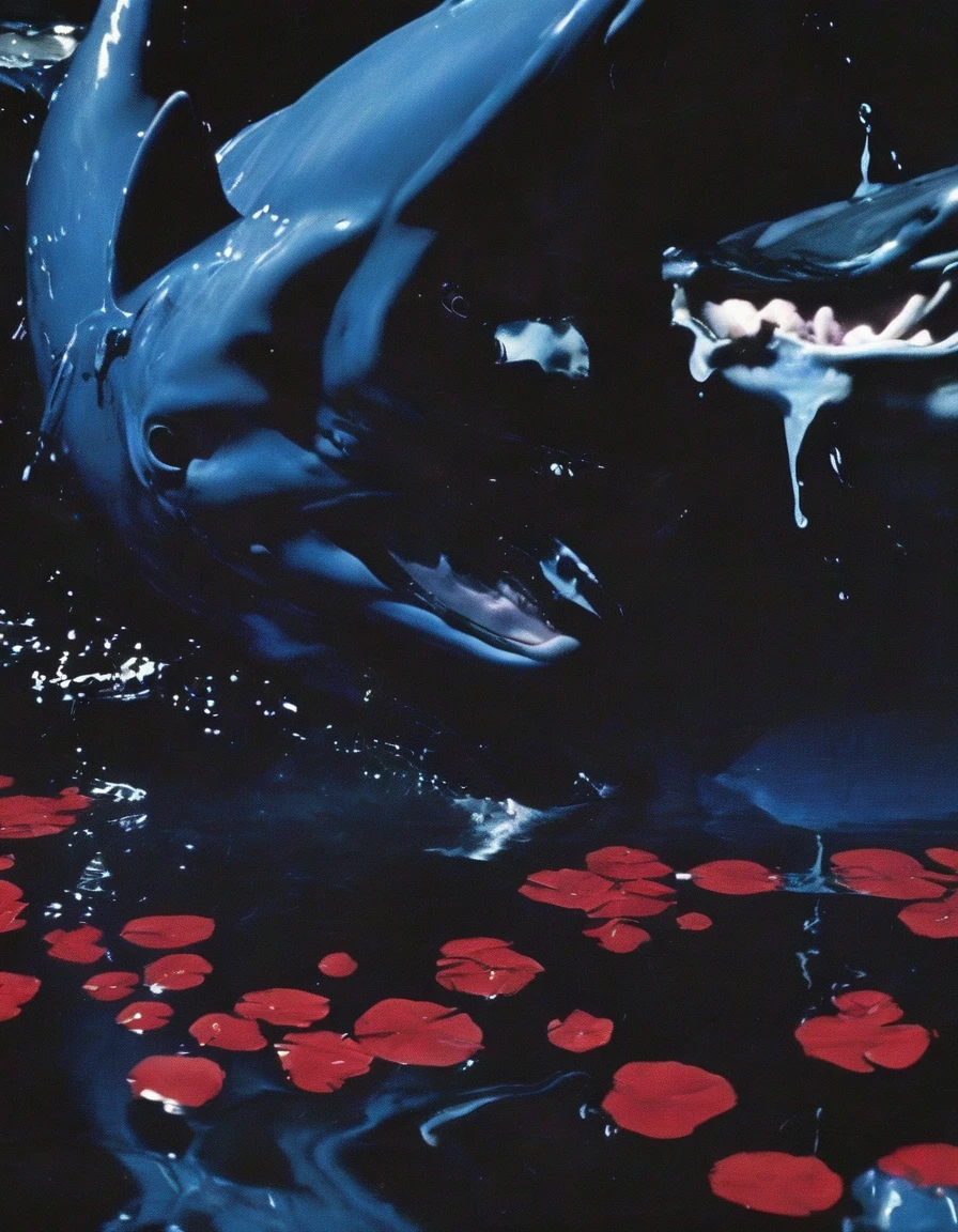 film photography, vintage, close up photo of dolphin hiding behind red roses in black water, blue dark forest night background