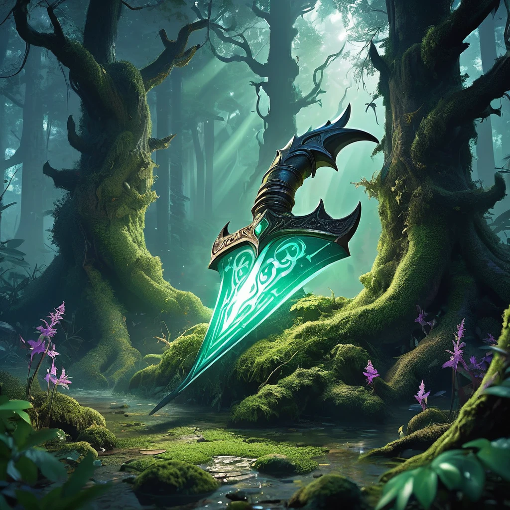 Envision a medieval fantasy claw weapon lying partially hidden among the roots of an ancient tree in a dense, enchanted forest. The weapon, resembling a gauntlet with elongated, razor-sharp claws, is crafted from dark, polished metal inlaid with glowing, mystical runes. The claws themselves glisten with a faint, otherworldly light, suggesting they are imbued with potent magic. Surrounding the weapon, the forest floor is covered in lush moss and vibrant, luminescent flora, while the air is filled with the soft sounds of rustling leaves and distant, magical creatures. Capture the sense of discovery and danger as this formidable claw weapon lies waiting in the heart of the mystical forest, hinting at the ancient power it holds and the legendary battles it once fought."