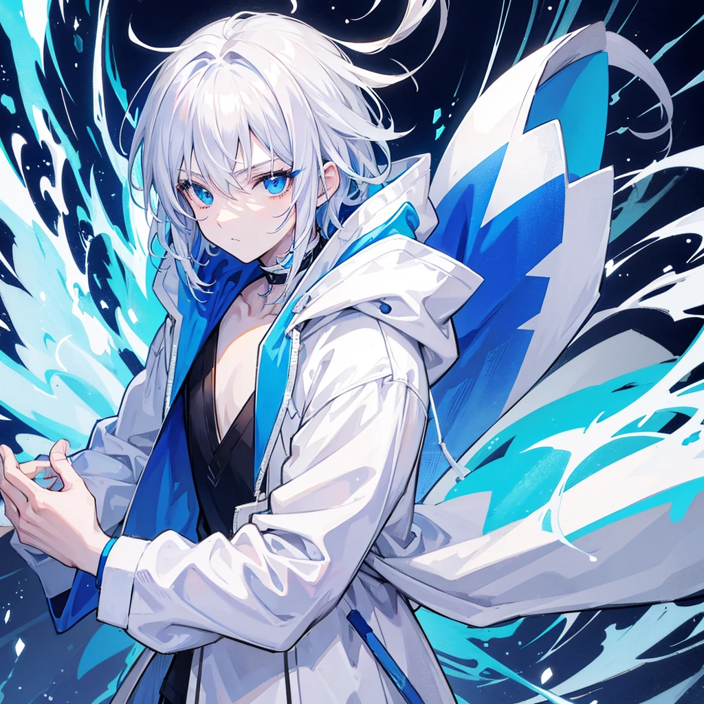 male character with white hair blue eyes wearing white hoodie with blue and black shirt style anime