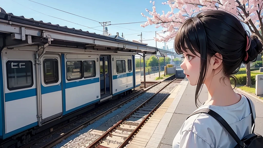 1lady solo, (from side) (side profile), standing, (stylish calm outfit) spring-like, mature female, /(black hair/) bangs, (facing away), (masterpiece best quality:1.2) delicate illustration ultra-detailed, medium breasts BREAK (train station platform:1.2) (very small station), roof, noon, (cherry blossom:0.8), blue sky, detailed background, distance view