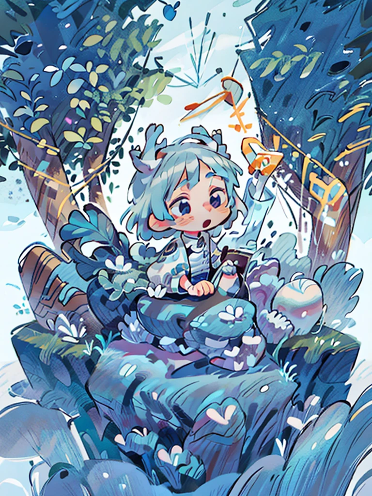 tarot, BORDER, celestial, chibi, masterpiece, best quality, extremely detailed, detailed background, detailed face, 1boy, full-body, solo, pale skin, dark blue hair, deer ears, deer horns, happy expression, white jacket, blue flower, good finger, perfect face, intricate details, mystical forest theme, good anatomy