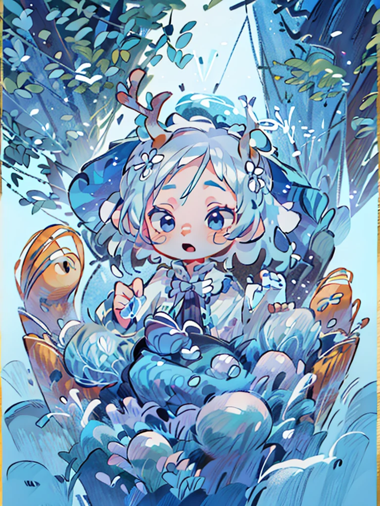 tarot, BORDER, celestial, chibi, masterpiece, best quality, extremely detailed, detailed background, detailed face, 1boy, full-body, solo, pale skin, dark blue hair, deer ears, deer horns, happy expression, white jacket, blue flower, good finger, perfect face, intricate details, mystical forest theme, good anatomy