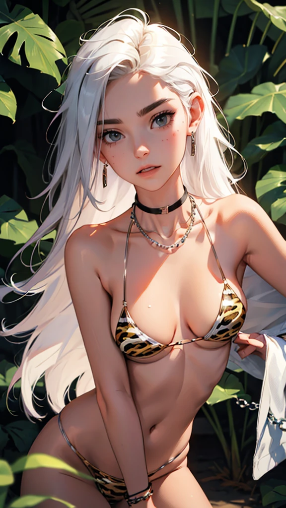 （lifelike， high - resolution：1.3）， 1 girl with a perfect body，slender body, Super fine face and eyes，assasin, dark makeup, shiny skin，white hair, (jungle bikini, animal print micro bikini)，Expose cleavage, (bracelets, tooth jewelry, a lot of necklaces, very long necklaces, necklaces down to stomach, body chains, waist chains), leaning forward, chain leash


