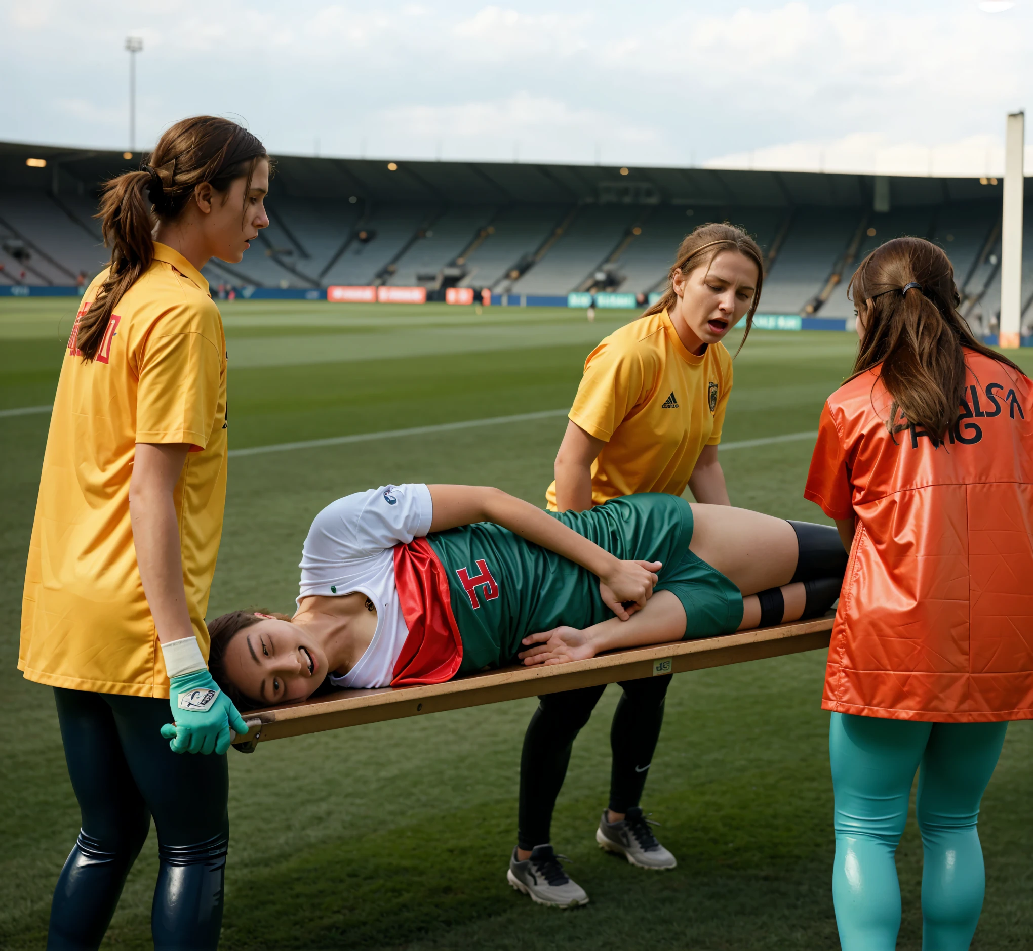 a soccer scene in a german sports stadium, injury scene in a sports stadium, stretcher carry, an injured soccer player is lying head first on his back on a stretcher and is covering his head with the hand, there are four young schoolgirls in shiny leather-trousers carrying a stretcher, there are four longhaired schoolgirls in high-shine latex-leggings who are carrying a stretcher in a german sports stadium, there is a wounded male soccer player in a short sports outfit lying head first on the stretcher, an injured male soccer player is lying head first on his back on a stretcher and is covering his agonised face with a hand, a soccer player is rearing up in intense pain while lying head first on his back on a stretcher and covering his head with a hand, dramatic scene, theatralic posing scene, dramatic pity scene, injury soccer, first aid, help, pity, there are four very angry looking schoolgirls in shiny latex-trousers who are looking very sad and very terrified and very shocked, the injured soccer player is screaming out in pain while he is carried from the pitch on a stretcher