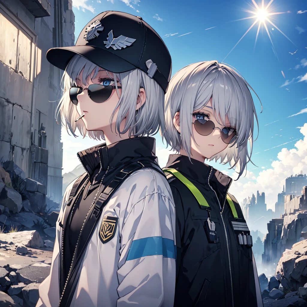 (((Smoke a cigarette Wear sunglasses Security Officer Wear a hat 1 person))) (((Gray Hair Short Hair blue eyes girl))),((noon wilderness In the middle of the desert)),(Shining Sun Rolling Skull), Shining Background Shining Edge