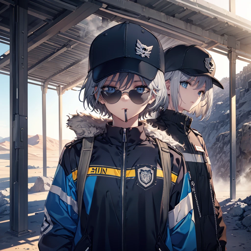 (((Smoke a cigarette　Wear sunglasses　Security Officer　Wear a hat　1 person)))　(((Gray Hair　Short Hair　blue eyes　girl)))，((noon　wilderness　In the middle of the desert))，(Shining Sun　Rolling Skull)，　Shining Background　Shining Edge