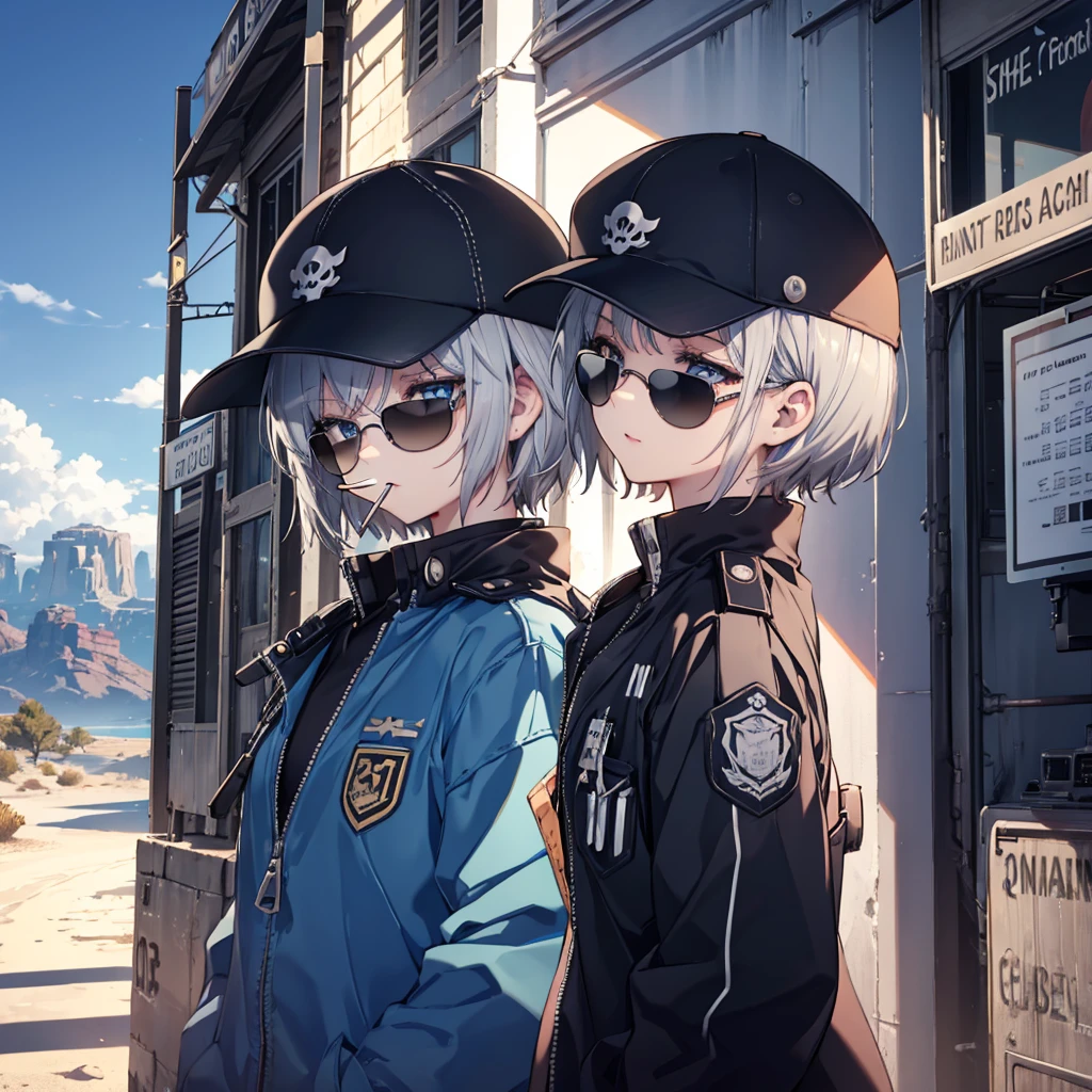 (((Smoke a cigarette Wear sunglasses Security Officer Wear a hat 1 person))) (((Gray Hair Short Hair blue eyes girl))),((noon wilderness In the middle of the desert)),(Shining Sun Rolling Skull), Shining Background Shining Edge