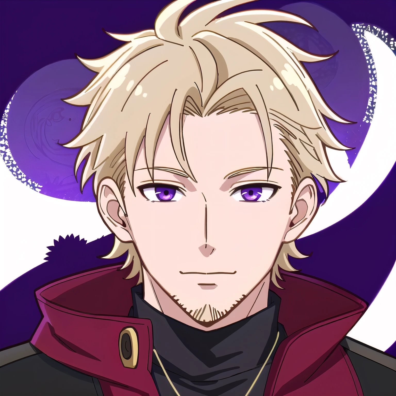 (high-quality, breathtaking),(expressive eyes, perfect face) 1boy, male , solo, 40yrs old, adult age, short hair length, blonde hair color, purple eye color, forest background, bright background, slightly narrow eyes, amethyst necklace, portrait, Symmetrical Eyes, headshot, spiky hair, adventurer profession, aura guardian, explorer attire, charming smile, modern fantasy, bard inspired, dad vibe, Loid Forger inspired, red scarf, black sleeveless turtleneck, trenchcoat, brd_glam, slight wrinkles, 5oclock shadow beard, light facial hair
