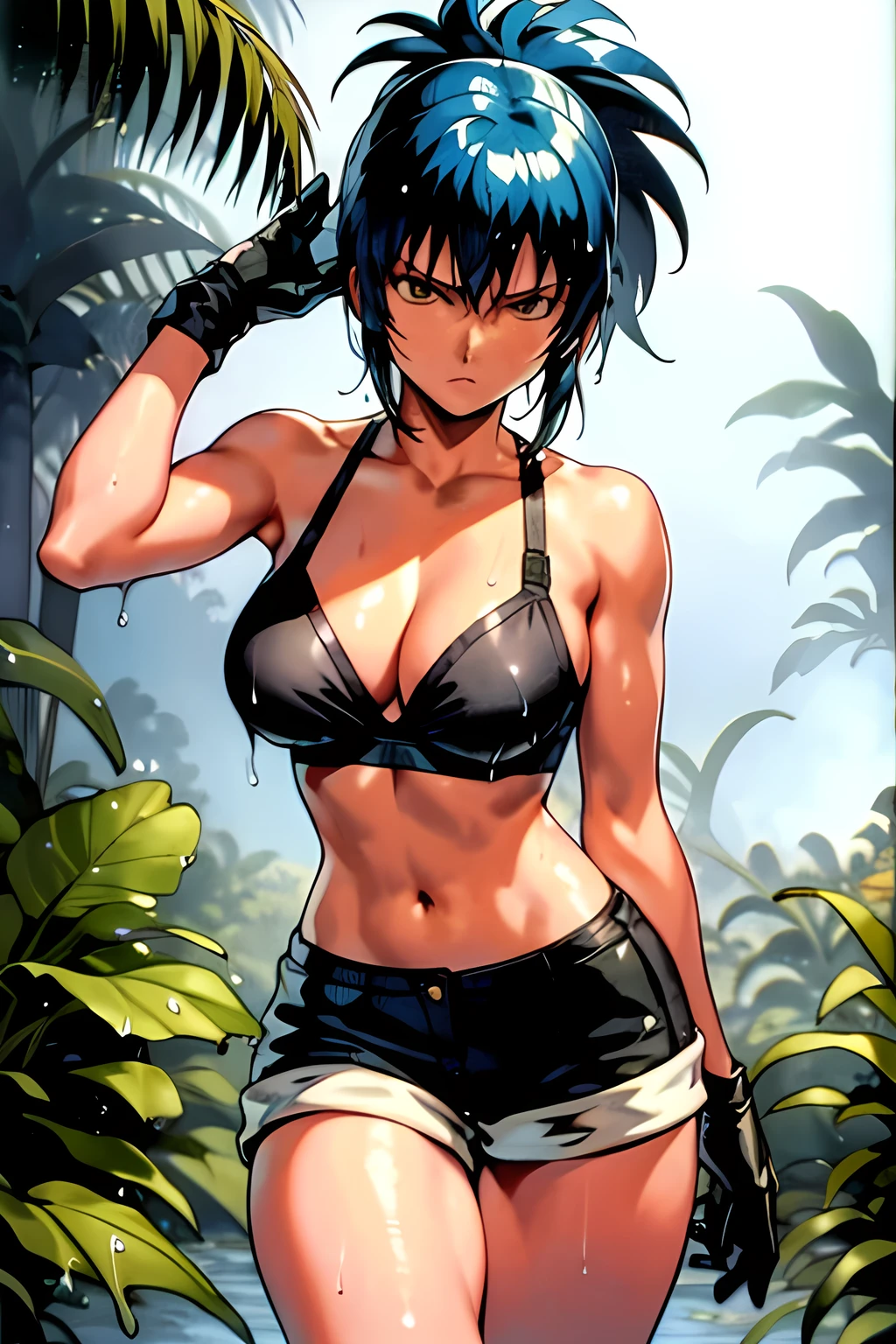 masterpiece, best quality, anime 1990s \(style\, leona heidern, fully black bra, green short,jungle, pony tail, wet, serious, gloves , sleeveless 