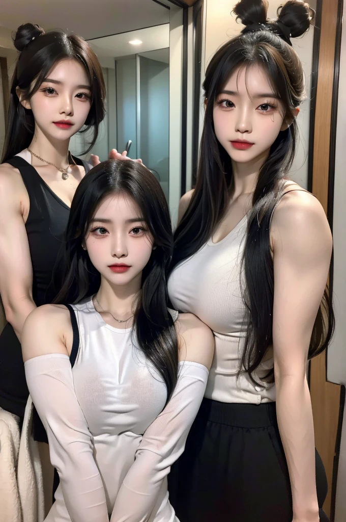 Four girls in school uniforms pose for a photo in front of a mirror，jitome，Tentacle hair，Strong muscles，Strong shoulders，Strong body，Expressionless eyes，，Bow your head，Gray hair.Gray long hair，White hair，There are no shoulder straps，Black clothes，（Flat chest 1.2），Angry expression，,Look at the audience，avatar，portrait，Smirk,cruel korean goth girl, korean girl, Gray long hair飘逸，The feeling of the wind blowing，avatar，portrait，，Bangs covering eyes，Flowing hair，Show your arms