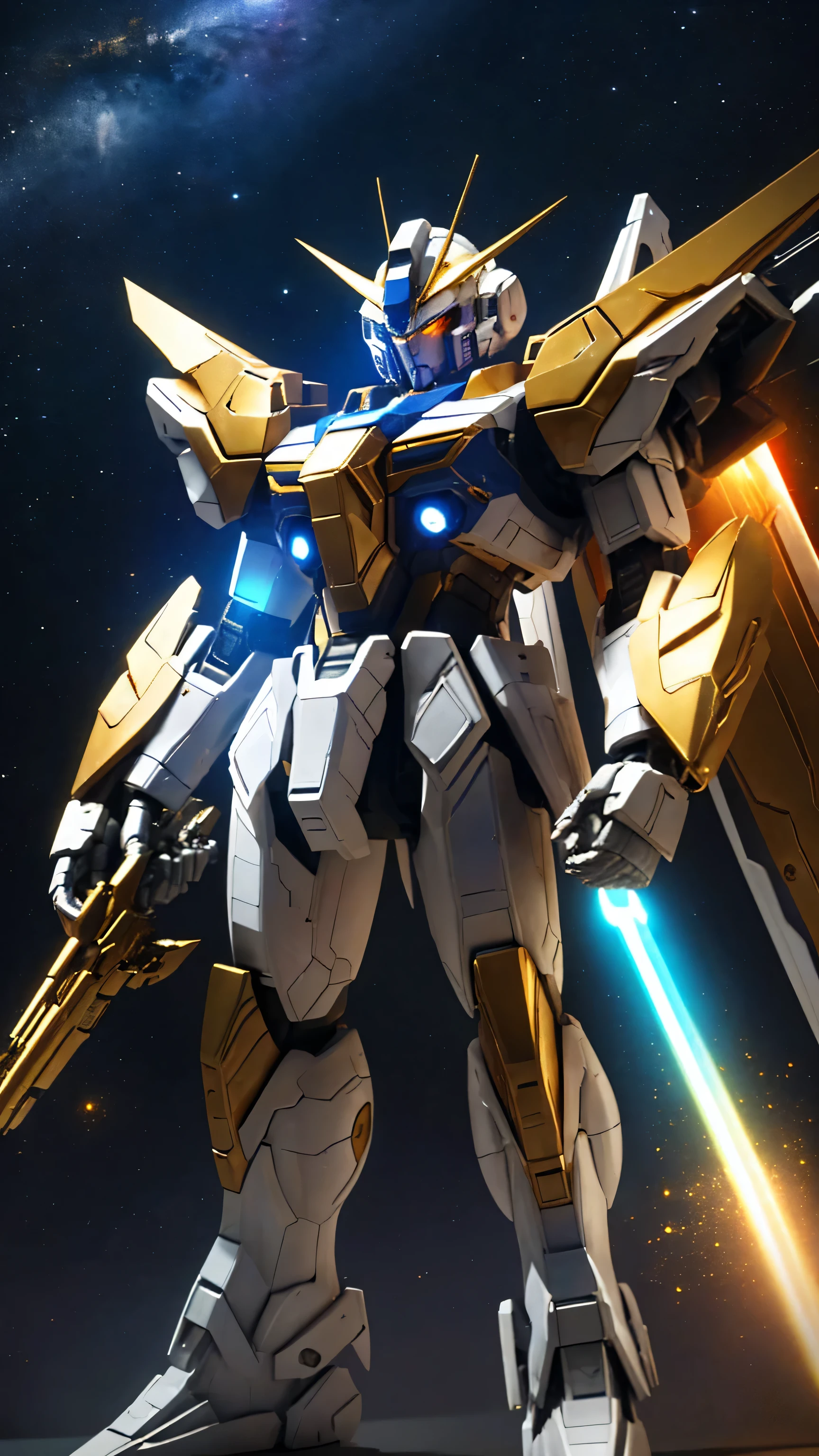universe space、Emitting golden light、Strike Freedom、Looking directly at the camera、universe spaceに浮いている、The round gold particles surround the aircraft.、He holds a rifle in his right hand and a beam saber in his left hand、(Eye color: Blue)、Aircraft color: White