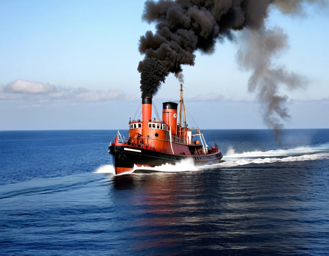 Old steam tug. working hard. Open sea. clear blue sky. central smoking funnel (brown smoke)