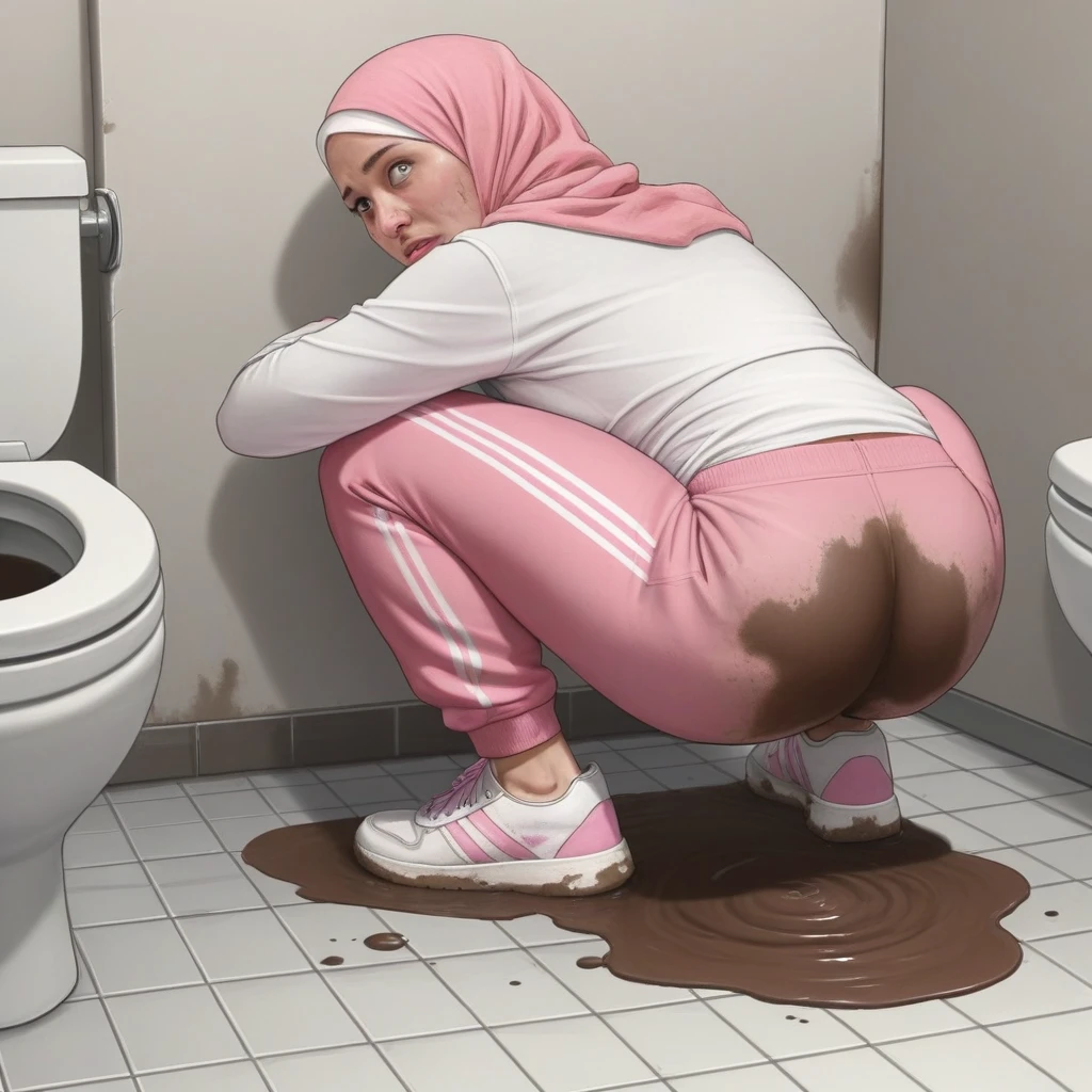 Ultra-realistic, 4k, 1girl, chubby face, cute eyes, chubby body, wearing pink hijab, pink adidas sweatpants, visible panty line, tight long sleeve sports white tshirt, white sneakers, nervous facial expressions, very sweaty, both hands on ass, in dirty dark public toilet, near the toilet, dirty toilet walls, dirty toilet floor, dirty toilet, dirty clothes, sweaty clothes, (((make the whole image filthy and dirty))), (((mud on the floor and mud overflowing from toilet bowl))), stinky atmosphere, filthy atmosphere, mud everywhere, mud on pants, disgusting toilet,