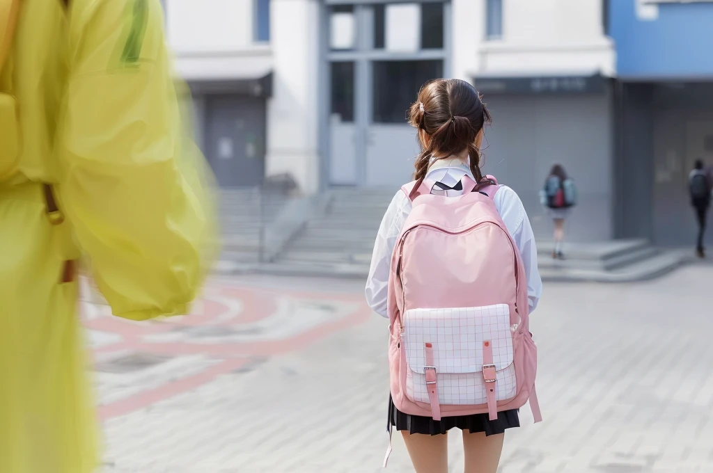 there is a that is walking with a Backpack, with a Backpack, School girls, bag, Beautiful images, a Surrealism schoolgirl, student, wearing strawberry Backpack, In the background, Girl wearing, John shouted, back, 可爱的女student, Wear , Surrealism , Qingfu, Backpack