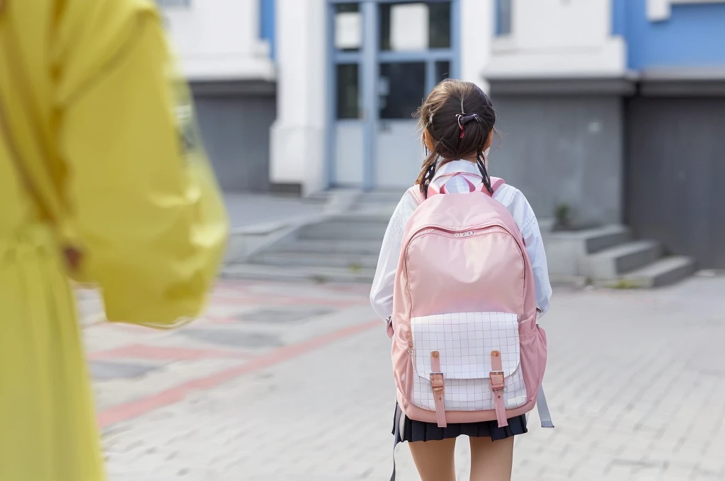 there is a that is walking with a Backpack, with a Backpack, School girls, bag, Beautiful images, a Surrealism schoolgirl, student, wearing strawberry Backpack, In the background, Girl wearing, John shouted, back, 可爱的女student, Wear , Surrealism , Qingfu, Backpack