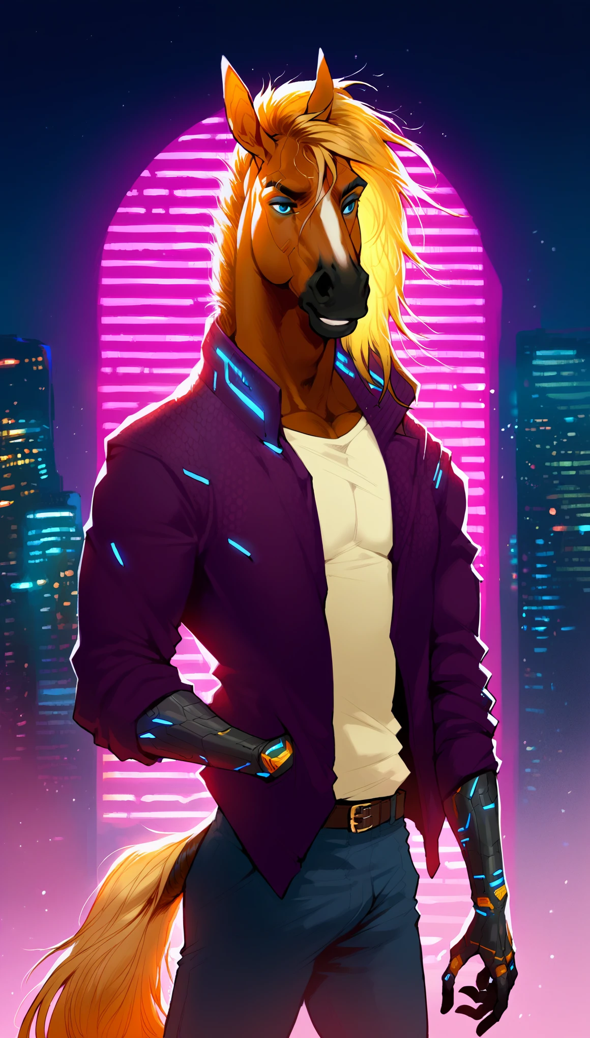 score_9, score_8_up, score_7_up, (cyberpunk buildings, cyberpunk neon signs, cyberpunk cars, cyberpunk-style city on background),
((Horse:1.2), anthro, solo, male, (portrait, standing), (holding), ((wearing clothes)), ((have fur)), beautiful, (have cyberpunk augmentations, cyberpunk implants, cyberpunk-style additions:1.75)