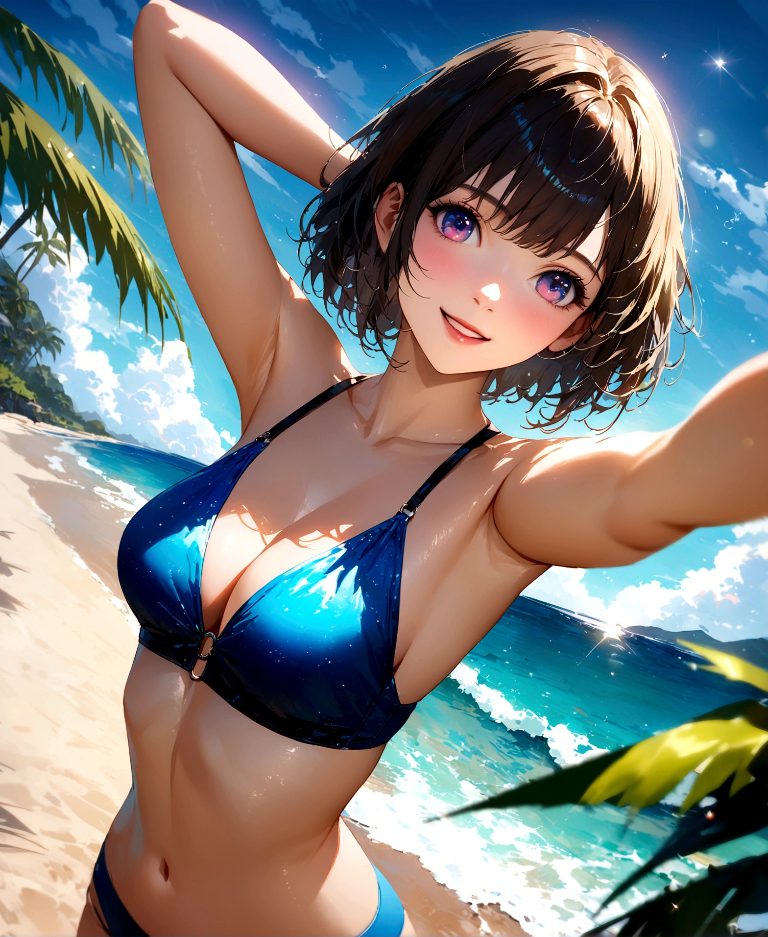 Sparkling sea and tropical ocean, Sunny sky with fluffy white clouds, Palm trees along the coast, Blur the background,Pleasant sea breeze,high school girl,Swimwear,short hair,smile,Glitter effect,Highest quality, 4K, 8K, High resolution, masterpiece:1.2, Very detailed, Realistic:1.37, High resolution, 超High resolution, Ultra-fine painting, Sharp focus, Physically Based Rendering, Very detailedな説明, Professional, Vibrant colors