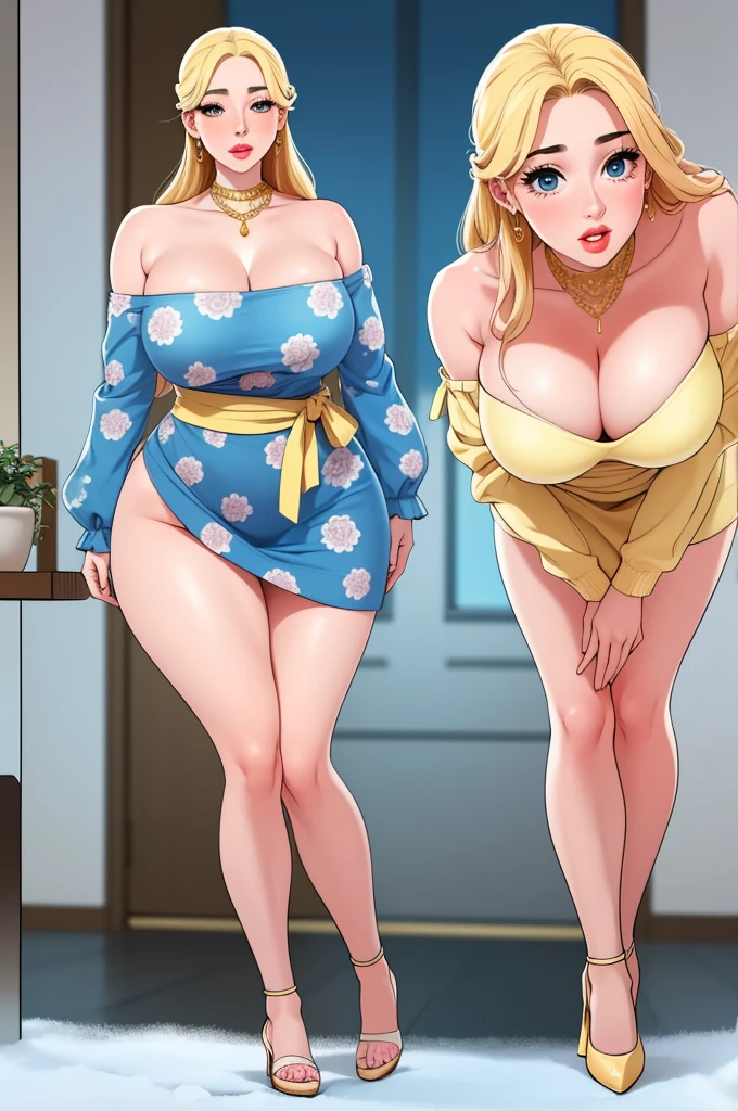 An extremely beautiful stunning voluptuous woman, with gold blonde long silky hair, big blue oceanic eyes, extremely super bright snow white fair stunning flawless glowing lush shiny white complexion, flawless skin, a perfect tight hourglass figure, and a skinny waist, sexy thick smooth luscious legs and thighs, wearing a short sexy tight revealing sky-blue floral dress with threads along with a white sash on the waist, a brown off-shoulder sweater, yellow heels, gold necklace on the neck, gold anklets on feet, gold chain on the waist, standing straight, extremely cute smile on the face, bright pink blushes on cheeks, holding a pink purse, kids park in the background, show full body from head to feet.