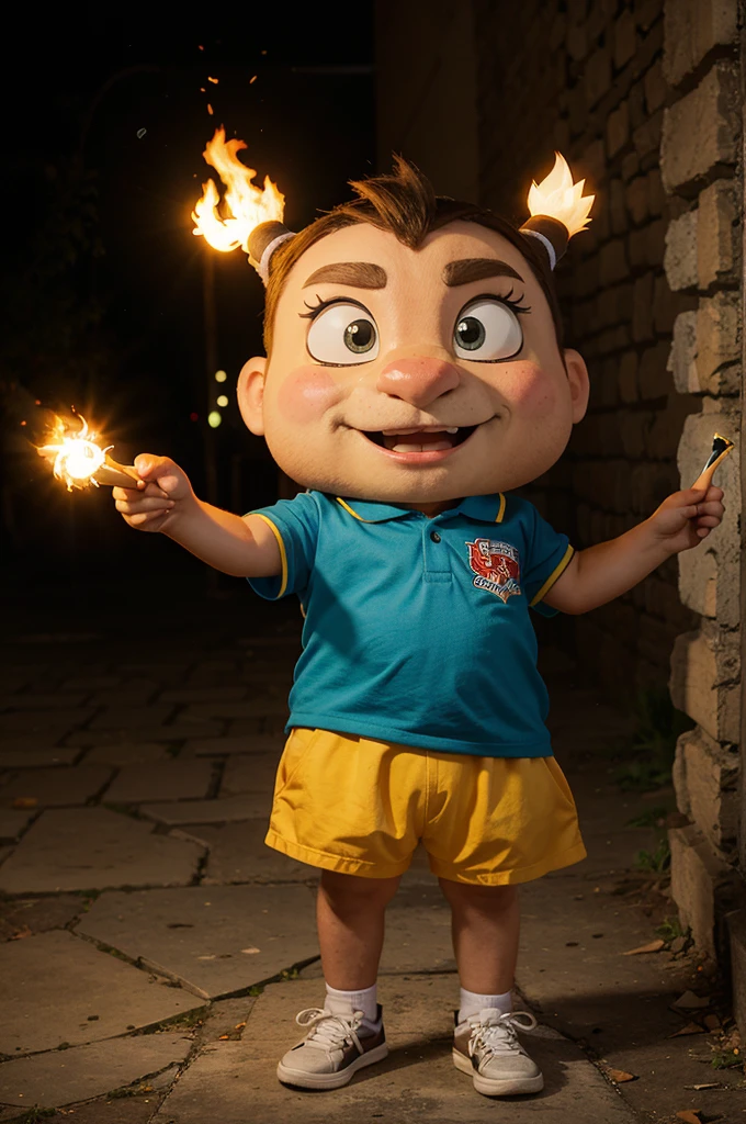 Make me an animated gatotkaca mascot. Gatotkaca is holding a torch. background polos