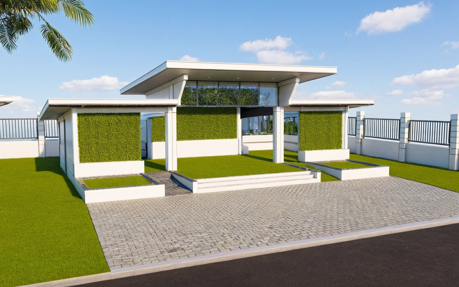 Masterpiece, high quality, best quality, authentic, super detail, outdoors, huts style modern, white wall, glass windows, gate road, pavement, grass, trees, blue sky, cloud, (day:1.1), realistic lighting