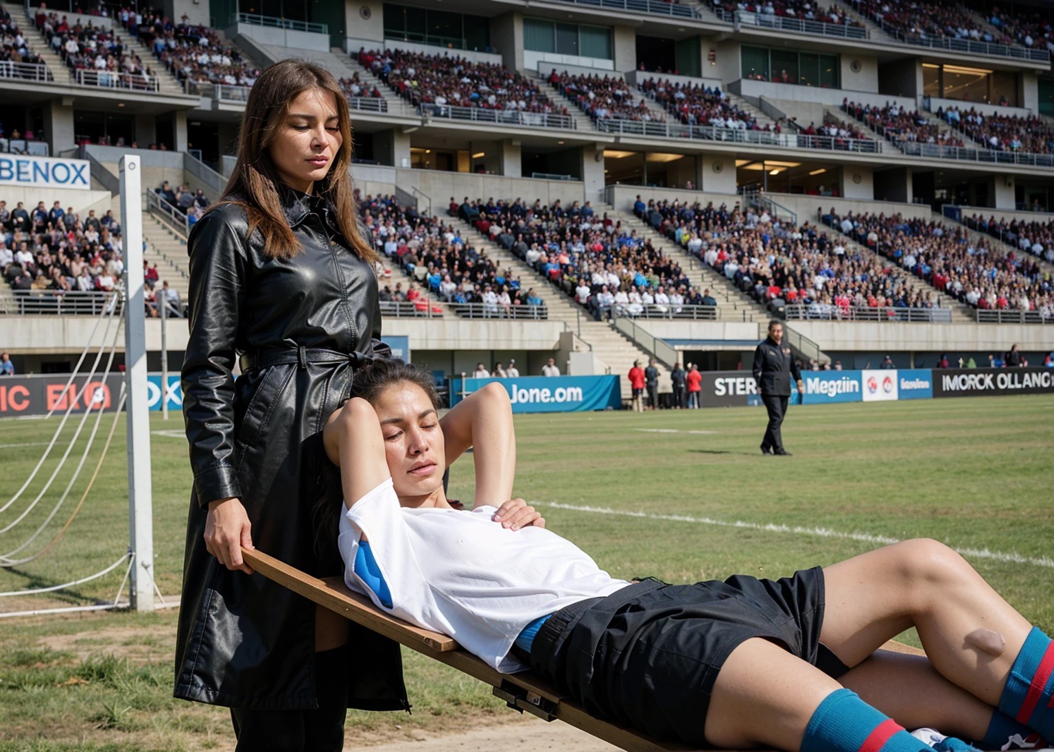 melania trump in wet blue raincoat, sthere is a sportsman in white shorts and a white t-shirt lying injured on a stretcher, there is an injured sportsman who is covering his face on a stretcher, an injured sportsman is covering his face with his hands, an injured sportsman is writhing in ecstasy on a stretcher, dramatic pity pose, there is a latino woman in a high-shine puffy coat, a high-shine black down coat, a long black moncler coat, a wetlook down coat, a wet black laquered coat, a latino wife is wearing a wetlook black uniform, injured, medic, melania trump, very professional, soccer action pose, affection pose, lecherous action pose, dramatic action pose, theatralic pose, there is an attractive woman that is carrying a skinny man, there is a beautiful woman in a shiny coat who is carrying a blond man in her arms, a longhaired beautiful woman in a high-shine black puffy coat, a longhaired woman in a shiny downcoat, a woman is carrying a shorthaired man who is wearing shorts and a t-shirt, a weak man in spots shorts is consciousless and needs to be carried, a shorthaired man with closed eyes is carried in the arms of a longhaired woman, a woman looks very scared and terrified, a consciousless man with closed eyes is suffering very much and has a very painful face, photo, photo shoot, photographed , accident, help, aid, first aid, pity
