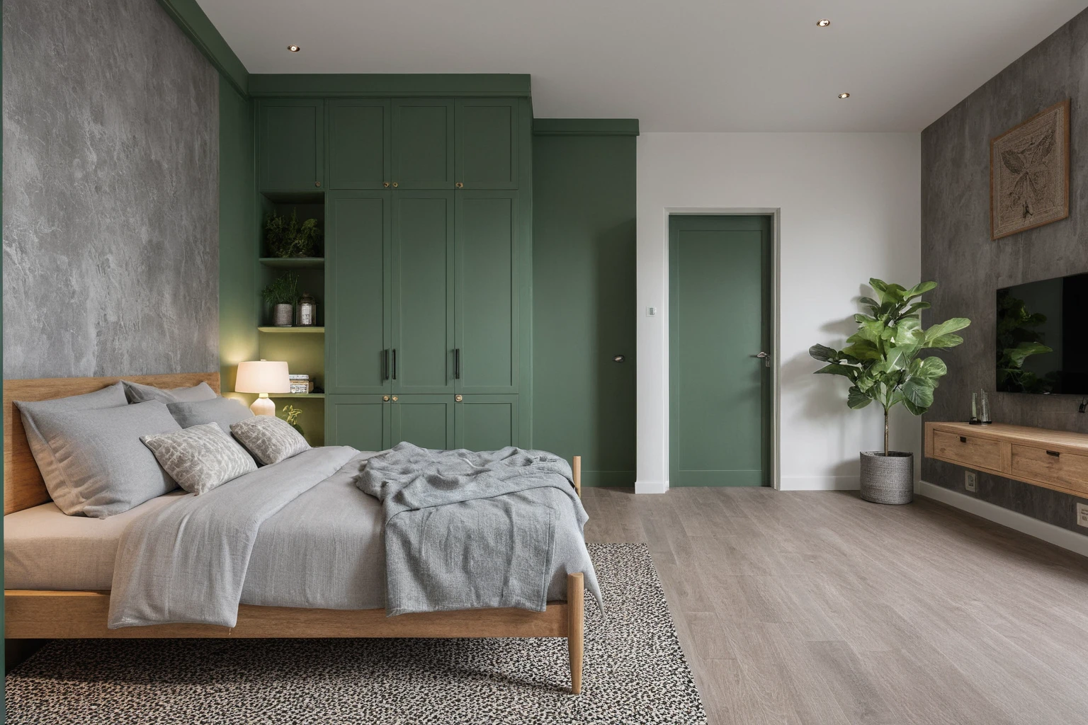 Raw photo,Masterpiece, high quality,Gray and white tones, combined with green, robin hood wall deco, wall deco decorations
, best quality, authentic, super detail, interior, indoors, bedroom style modern , (daylight:1.1), vivid colour, (realistic:1.2),