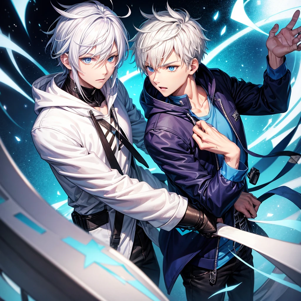 male character with white hair blue eyes wearing white hoodie with blue and black shirt style anime