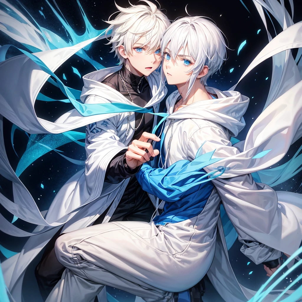 male character with white hair blue eyes wearing white hoodie with blue and black shirt style anime