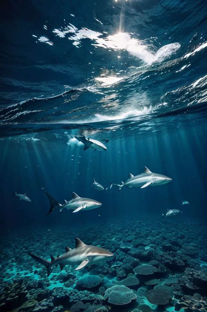 Deep blue ocean with sharks swimming