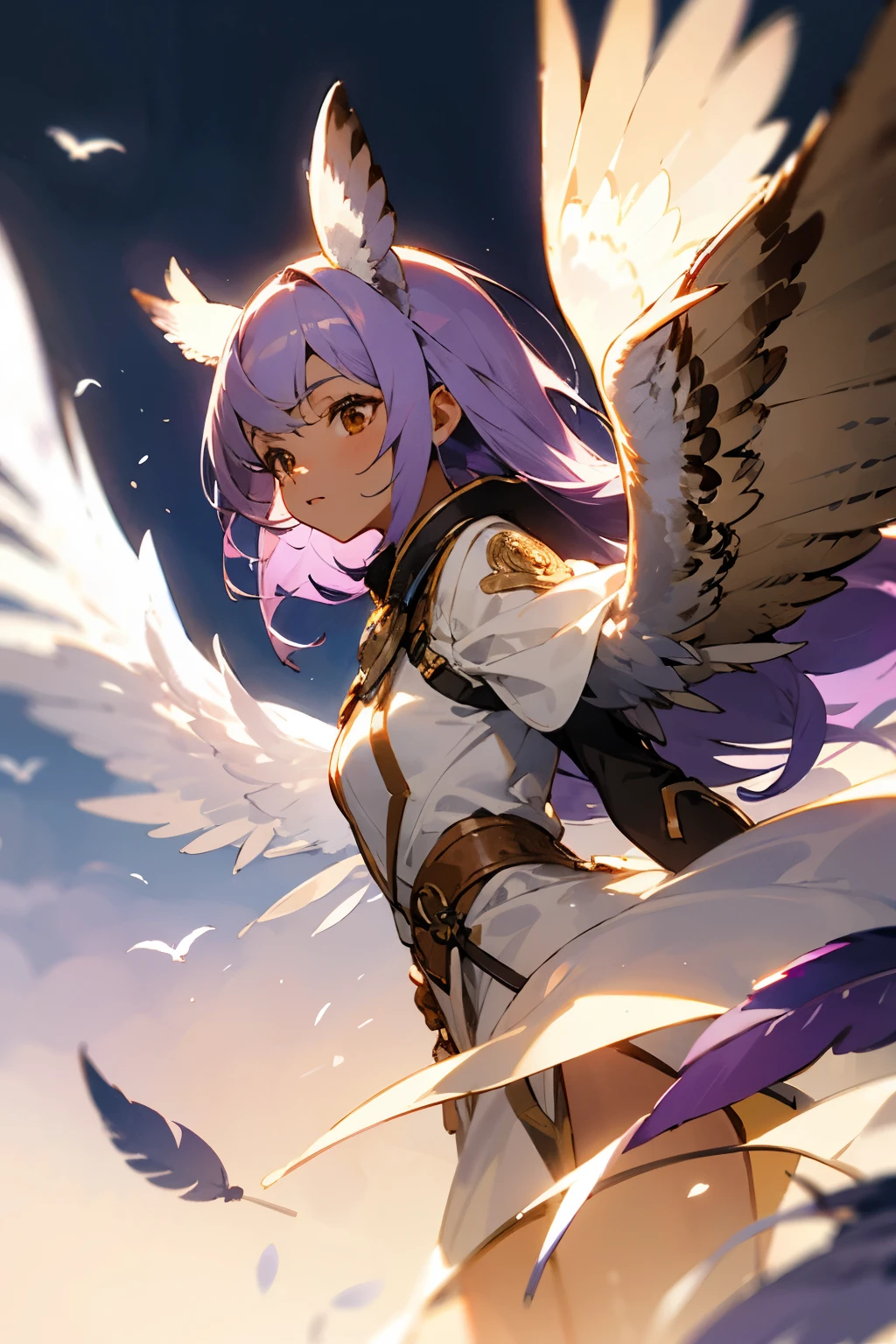 bird girl, long light purple hair, owl wings, light brown skin, brown eyes, owl ears, purple feathers