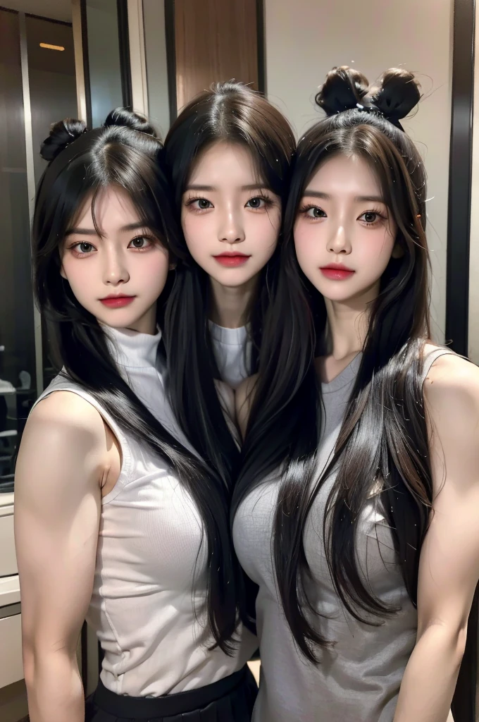 Four girls in school uniforms pose for a photo in front of a mirror，jitome，Tentacle hair，Strong muscles，Strong shoulders，Strong body，Expressionless eyes，，Bow your head，Gray hair.Gray long hair，White hair，There are no shoulder straps，Black clothes，（Flat chest 1.2），Angry expression，,Look at the audience，avatar，portrait，Smirk,cruel korean goth girl, korean girl, Gray long hair飘逸，The feeling of the wind blowing，avatar，portrait，，Bangs covering eyes，Flowing hair，Show your arms