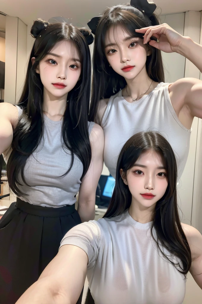 Four girls in school uniforms pose for a photo in front of a mirror，jitome，Tentacle hair，Strong muscles，Strong shoulders，Strong body，Expressionless eyes，，Bow your head，Gray hair.Gray long hair，White hair，There are no shoulder straps，Black clothes，（Flat chest 1.2），Angry expression，,Look at the audience，avatar，portrait，Smirk,cruel korean goth girl, korean girl, Gray long hair飘逸，The feeling of the wind blowing，avatar，portrait，，Bangs covering eyes，Flowing hair，Show your arms