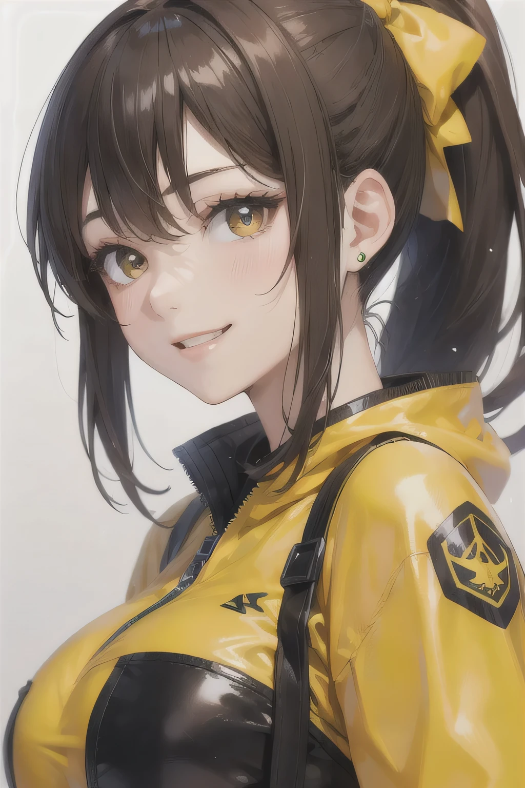 Portrait of a Girl,alone,20-year-old,Beautiful Face,Upper Body,ponytail, Brown Hair, Sharp focus,Yellow clothes、Bright smile、A cheerful smile、Big eyes