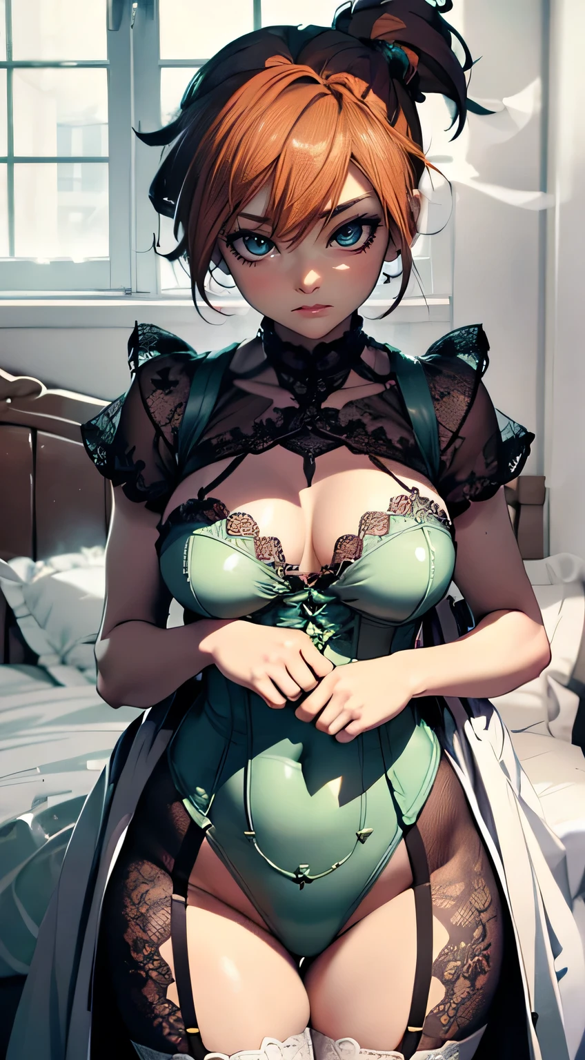 Anime, a glamour shot of a smiling MILF, short purple hair, busty, big ass, Standing demurely with her legs crossed in a bedroom, long sexy legs, leaning toward the viewer, with Smokey eyes and knowing smile wearing a revealing corset, white lace stockings, insanely detailed face and eyes, intricate, hyper-detailed bedroom, digital illustration, masterpiece, beautiful eyes, atmospheric lighting, centered, perfect anatomy, glowing eyes, candid portrait, clear, very detailed, smooth, sharp focus, focused on the viewer, facing the viewer