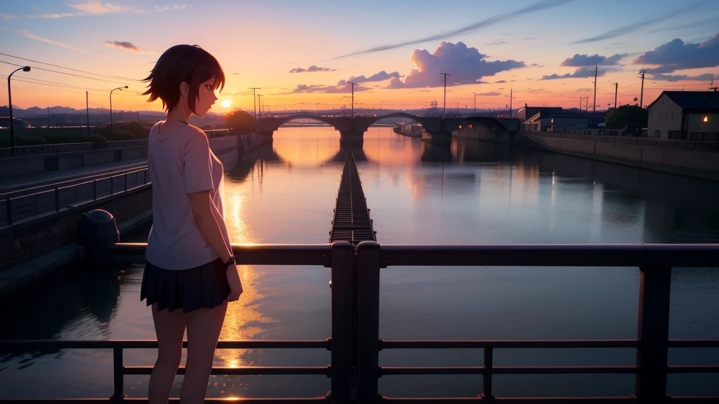 Anime girl watching the sunset on a bridge, Bridge over the canal, Girl in casual clothes, silhouette, Orange sunset sky, Makoto Shinkai style, Makoto Shinkai style, 2D