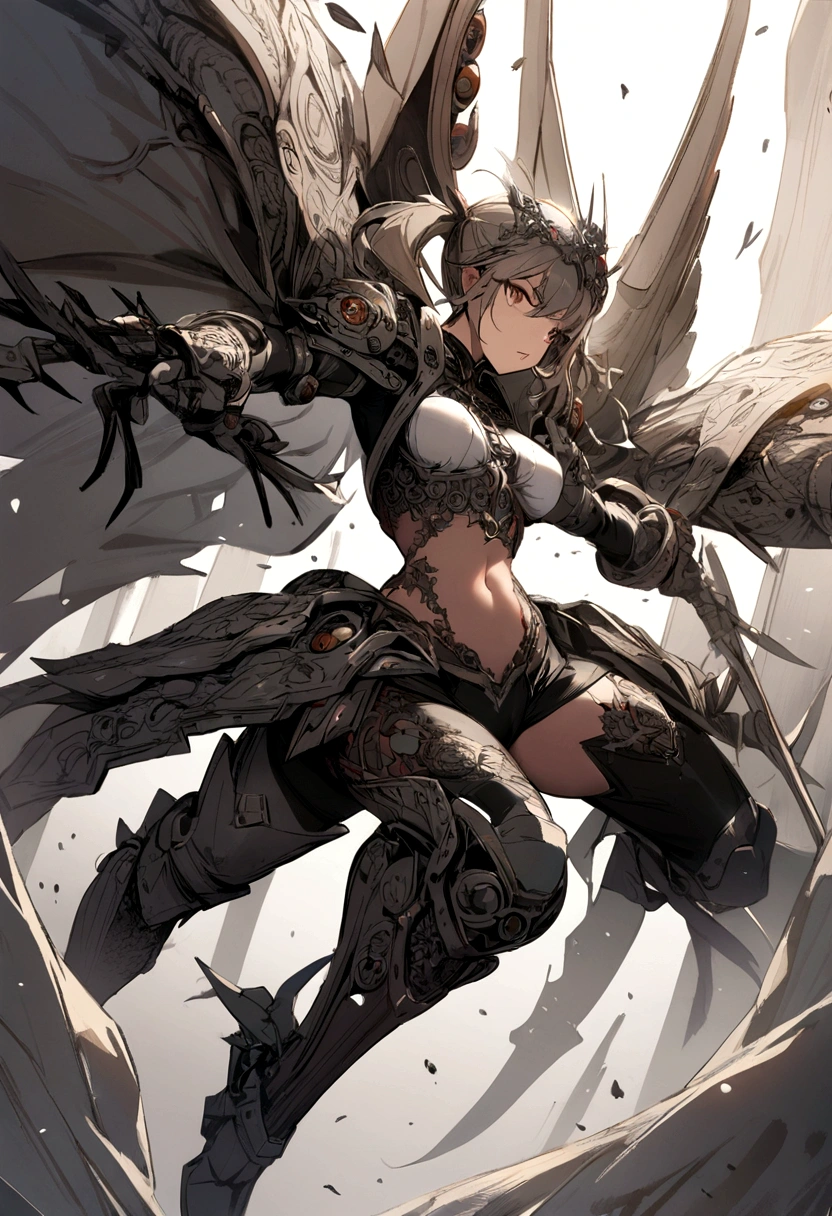( side shot, portrait , girl, flustered face, sitting on sheets , spreading legs, relax, ), (looking away downward:1.5 ), fantasy heavy armor,