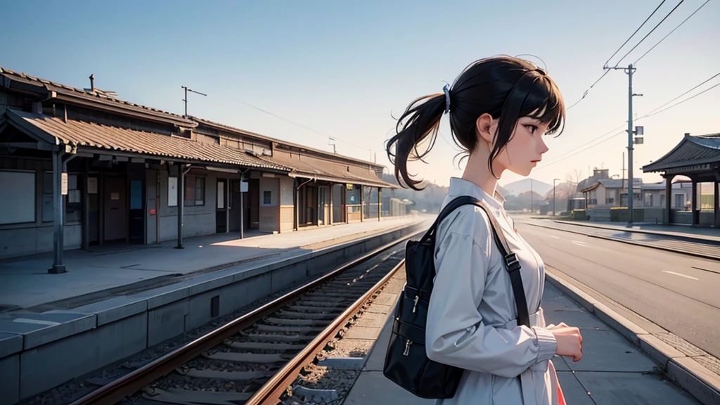 1lady solo, (from side) (side profile), standing, (stylish calm outfit)listen music with headphones, spring-like, mature female, /(black hair/) bangs, (facing away), (masterpiece best quality:1.2) delicate illustration ultra-detailed, medium breasts BREAK (train station platform:1.2) (very small station), roof, noon, (cherry blossom:0.8), blue sky, detailed background, distance view