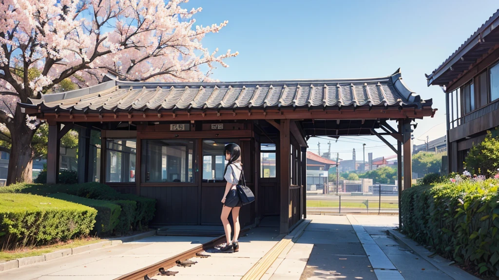 1lady solo, (from side) (side profile), standing, (stylish calm outfit)listen music with headphones, spring-like, mature female, /(black hair/) bangs, (facing away), (masterpiece best quality:1.2) delicate illustration ultra-detailed, medium breasts BREAK (train station platform:1.2) (very small station), roof, noon, (cherry blossom:0.8), blue sky, detailed background, distance view