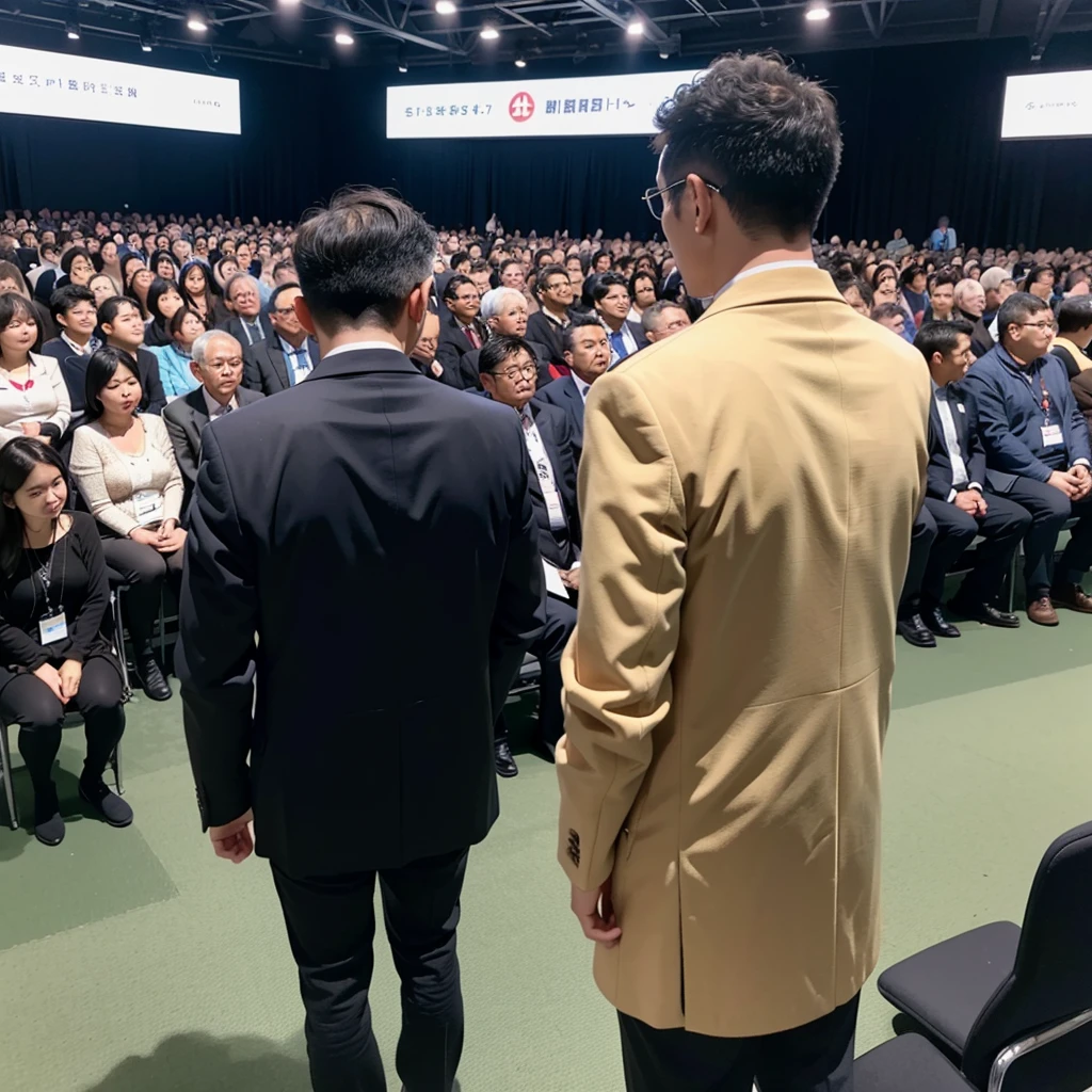 Back photo, There is only one middle-aged man in the photo with his back to the camera，He wears fashionable and young clothes，at the International Exhibition Conference Hall, speak confidently，There are many audience members in the audience