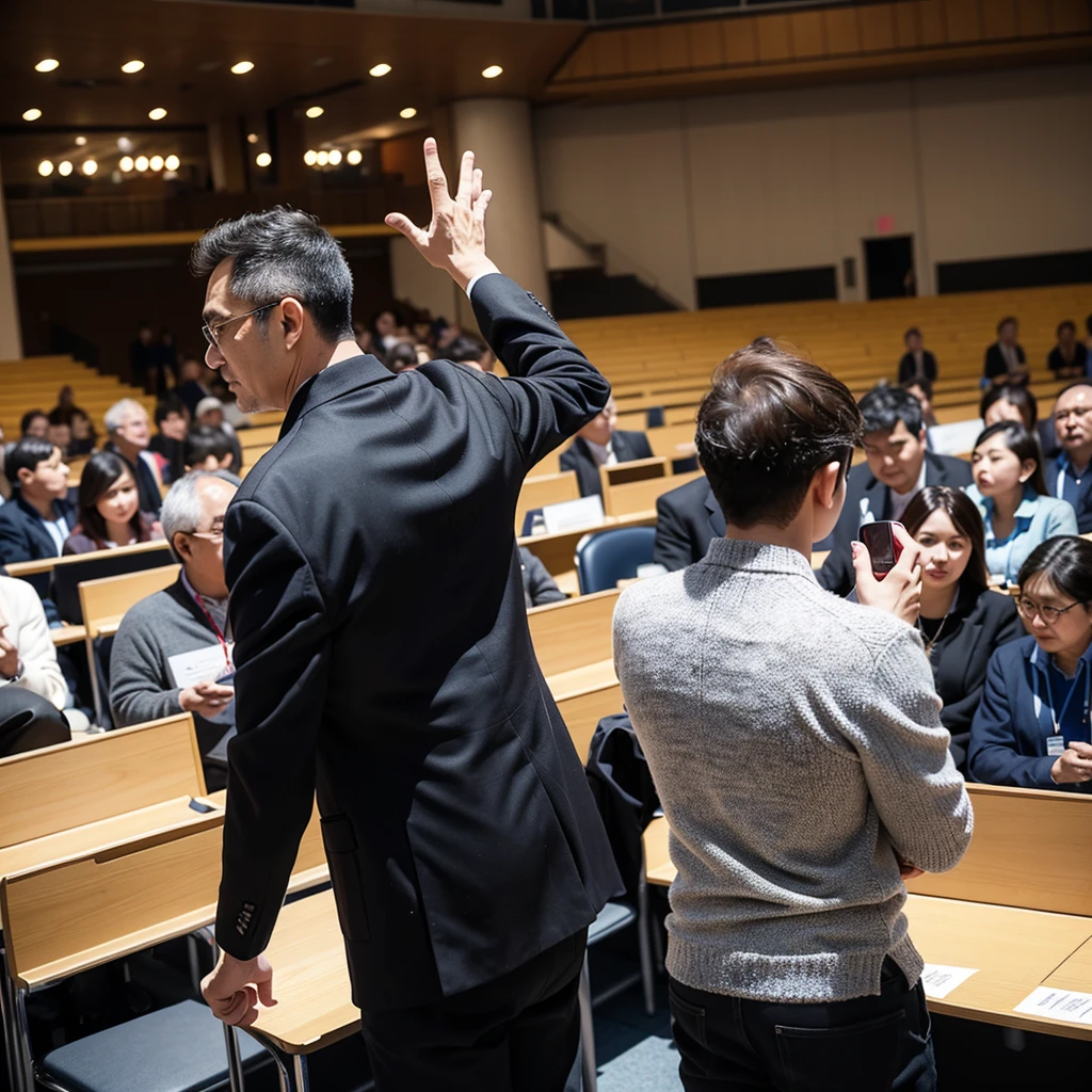 Back photo, There is only one middle-aged man in the photo with his back to the camera,He wears fashionable and young clothes,at the International Exhibition Conference Hall, speak confidently,There are many audience members in the audience