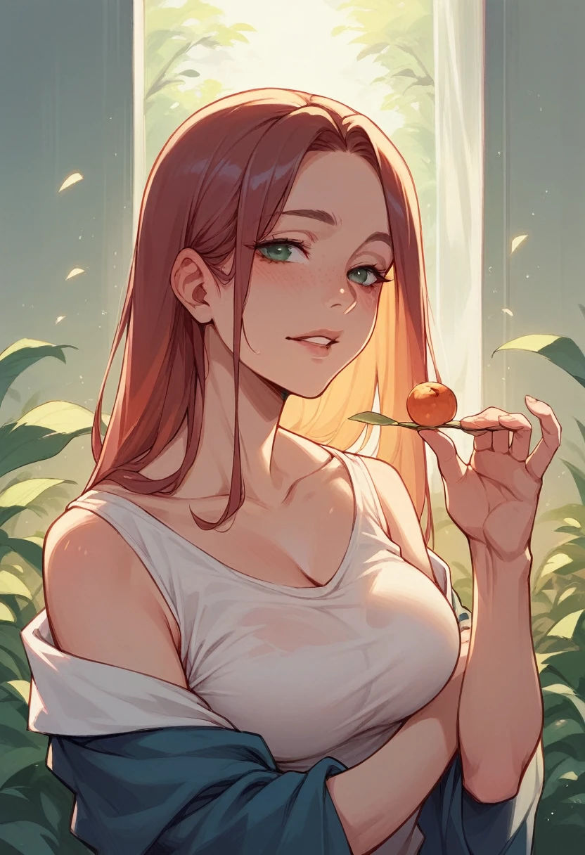 1 female、red hair、green eyes、dense lips、naked、nipples are visible、slouch、holding strawberries in your hands、condensed milk、masterpiece、ultra high resolution、perfect lighting、16K