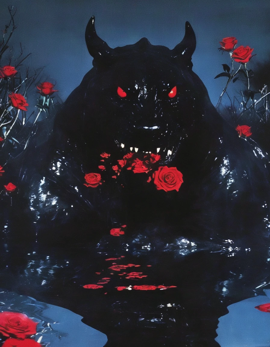 film photography, vintage, close up photo of giant black monster with red roses in black water, blue dark forest night background