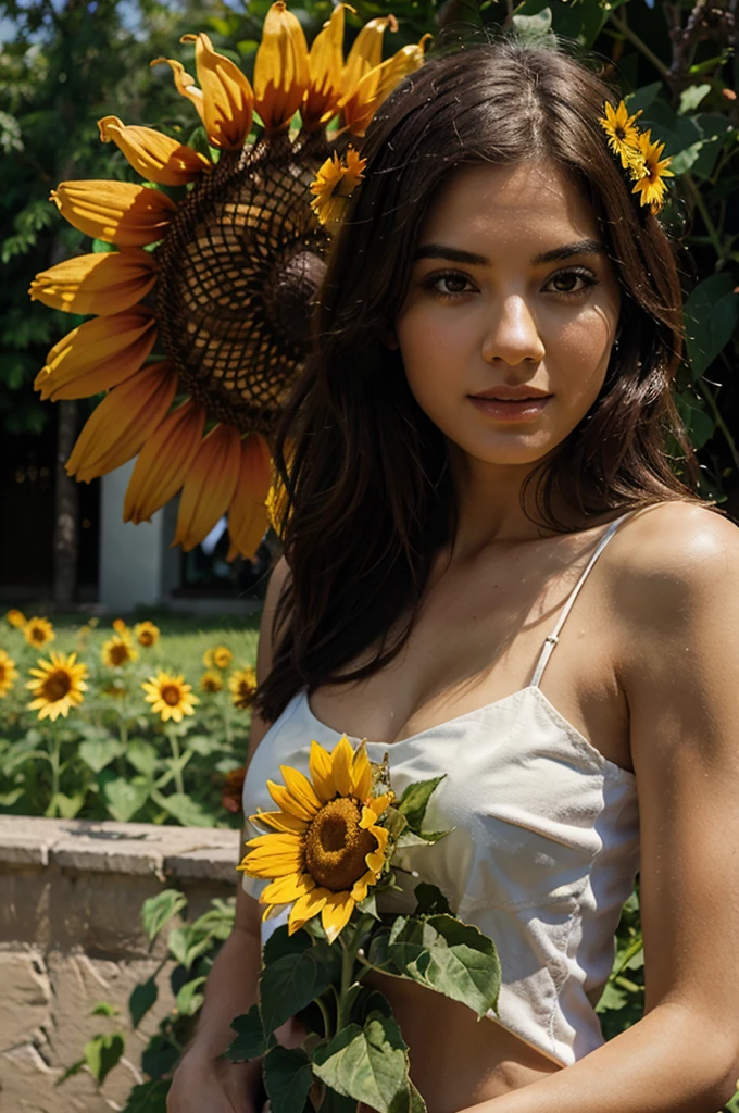 a woman in a dress made of sunflowers with a large hat made of a metal spiral
